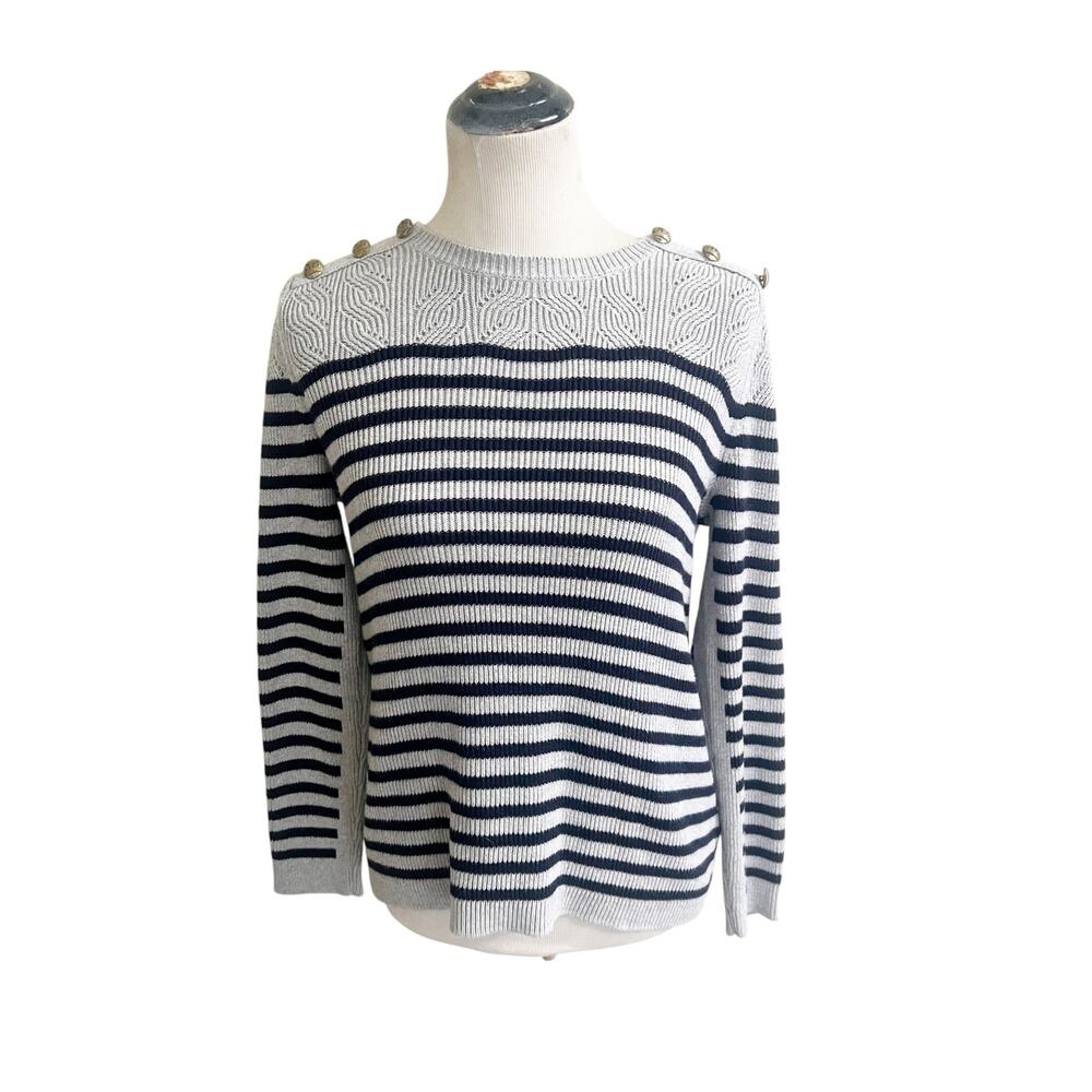 Talbots Nautical Breton Sweater Gray Large Black Striped Ribbed Knit Gold Button